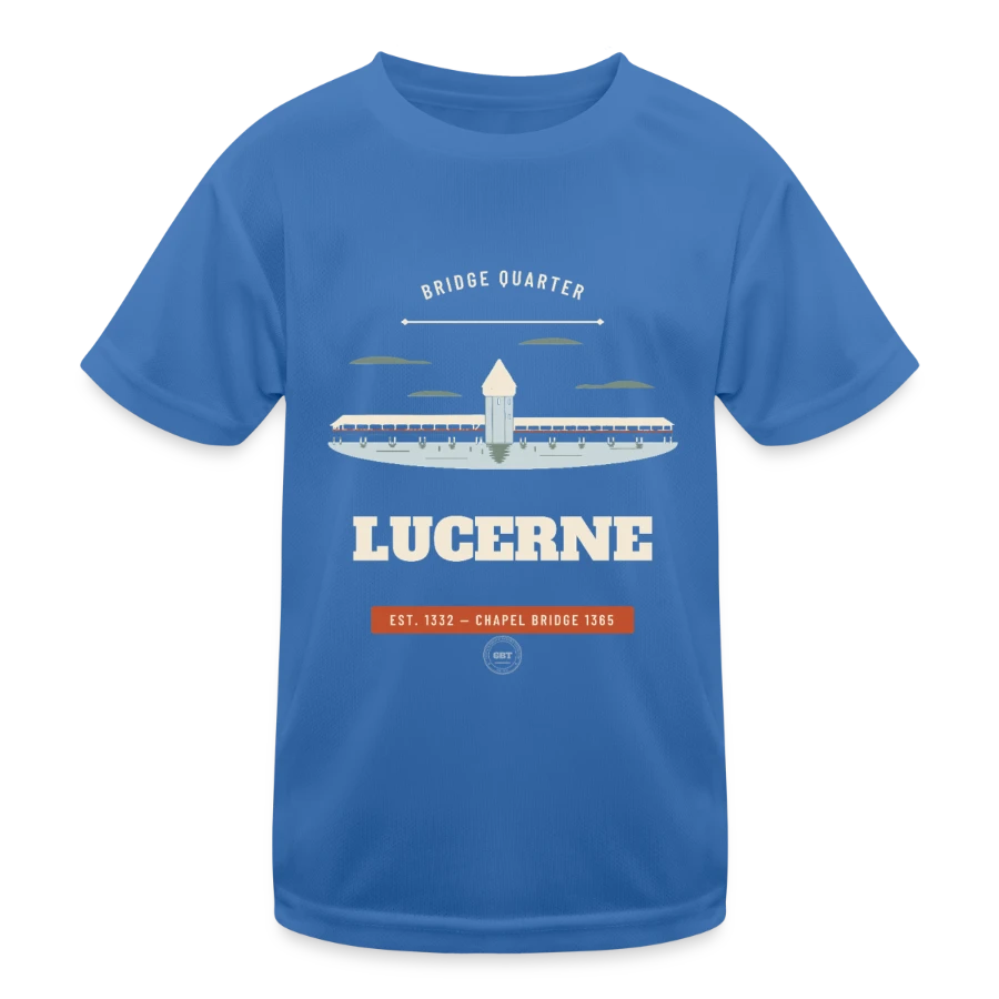 Lucerne badge on a kids functional t-shirt, royal blue