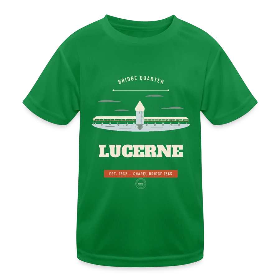 Lucerne badge on a kids functional t-shirt, kelly green