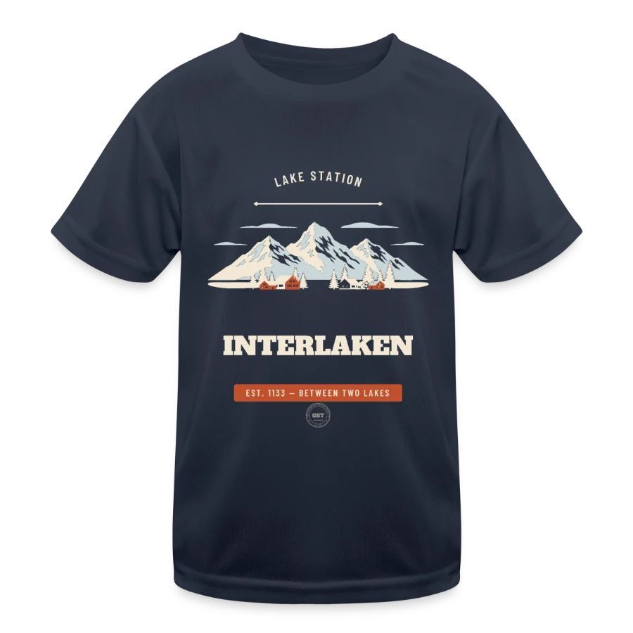Interlaken badge on a kids functional t-shirt, navy