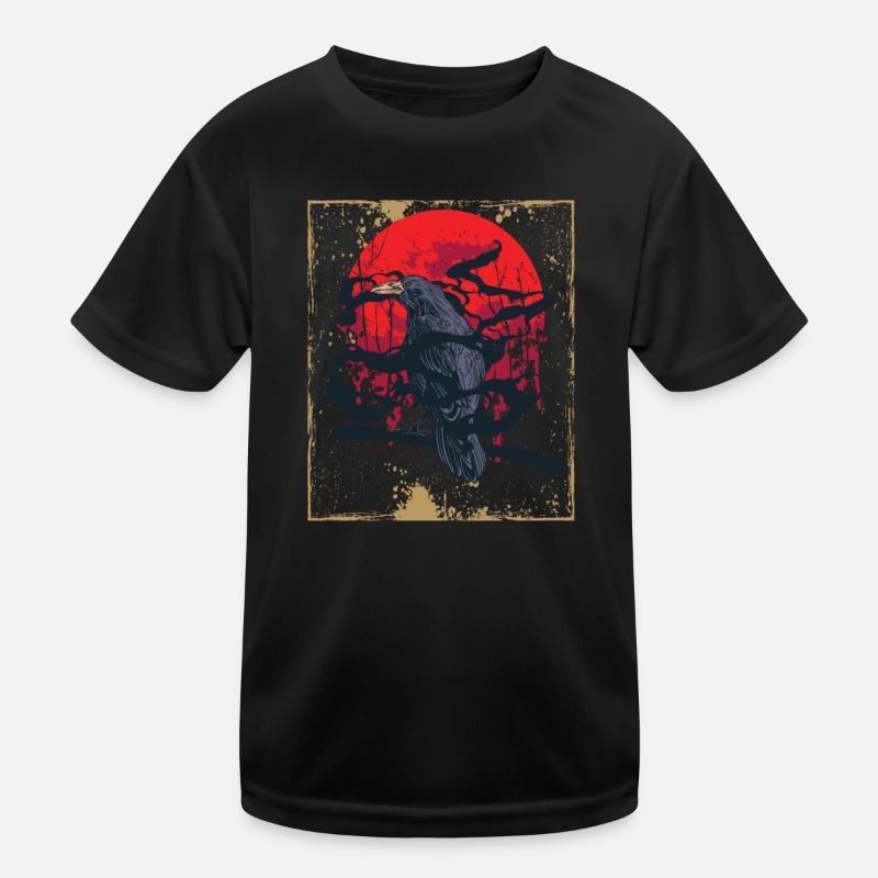 Gotischer Schädel-roter Mond-schwarze Krähe Kinder Funktions-T-Shirt