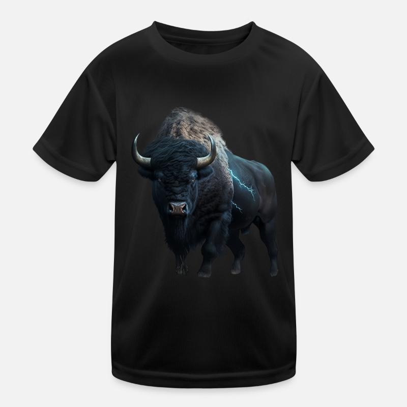Bison schwarz Büffel mit Blitzen und Donner stark Kinder Funktions-T-Shirt