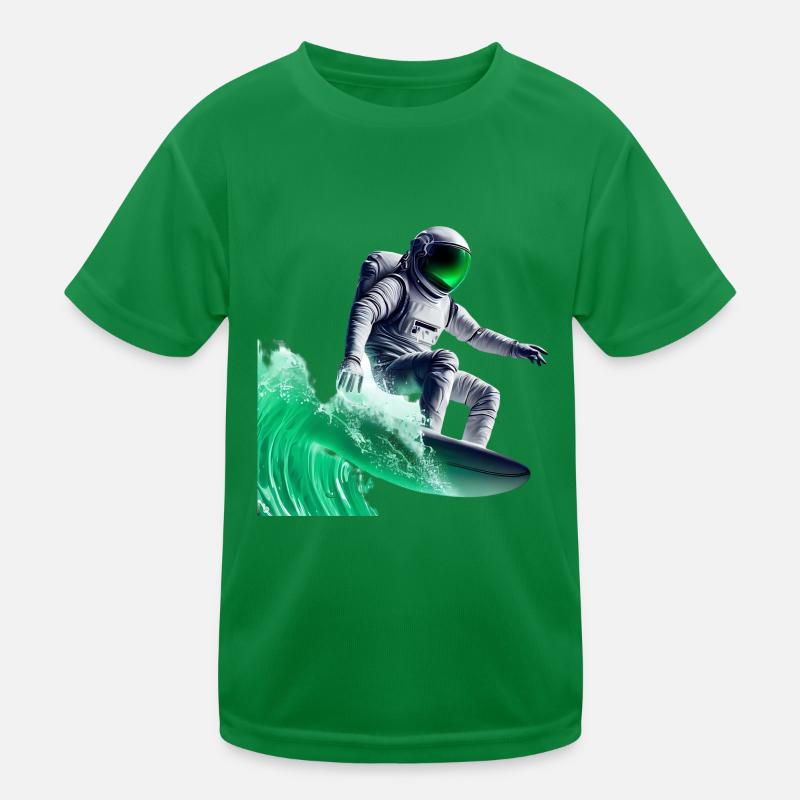 Green Waves Surfing Astronaut Kids Functional T-Shirt