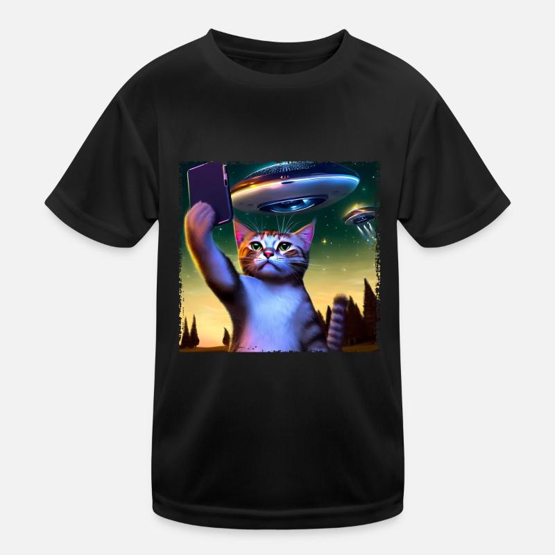 Katzen-Selfie mit UFO - Kinder Funktions-T-Shirt - Schwarz