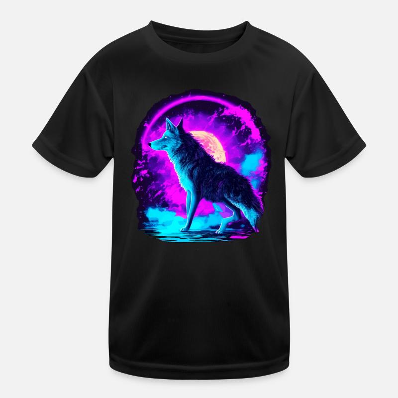Wolf Neon Illustration Synthwave Art Kids Functional T-Shirt