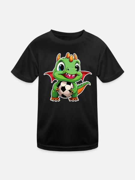 02 Baby Drache mit Fussball Kinderbild lustig - Kinder Funktions-T-Shirt - Schwarz - Vorne