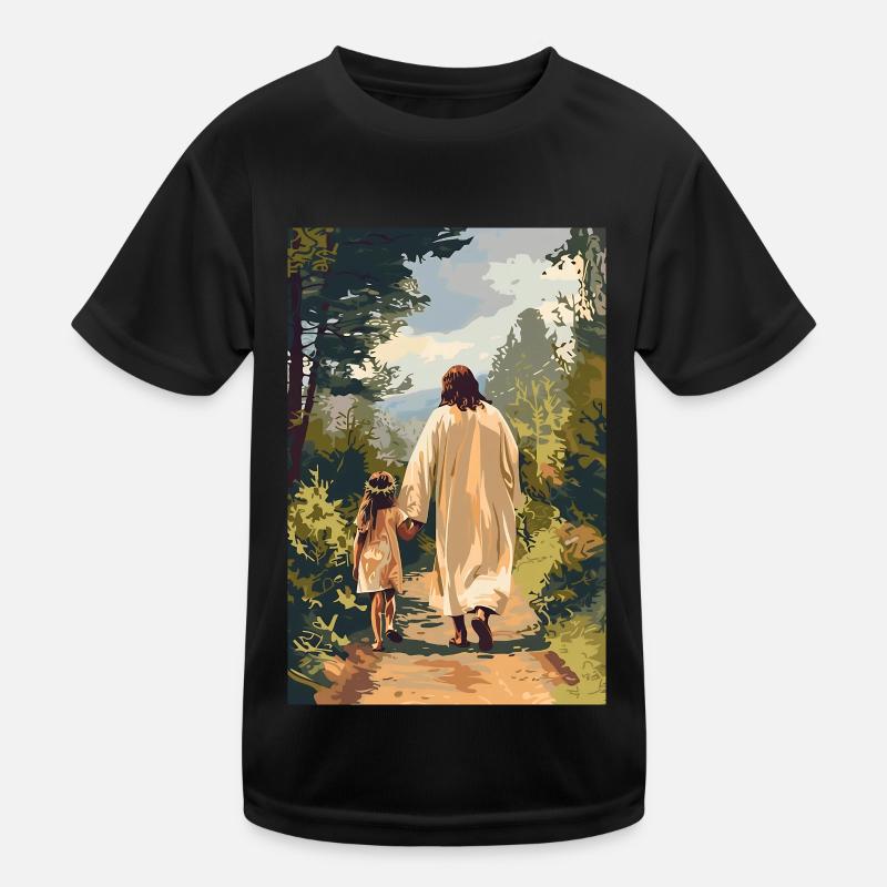 Jesus wandert mit einem kleinen Mädchen, Kinder Funktions-T-Shirt