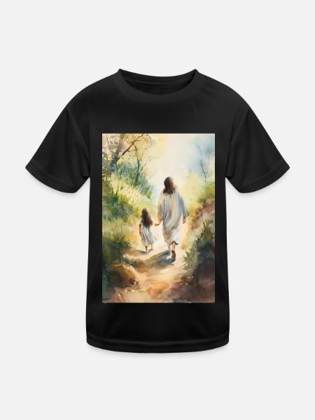 Jesus Wandeln Mit Einem Mädchen, Aquarellmalerei, - Kinder Funktions-T-Shirt - Schwarz - Vorne