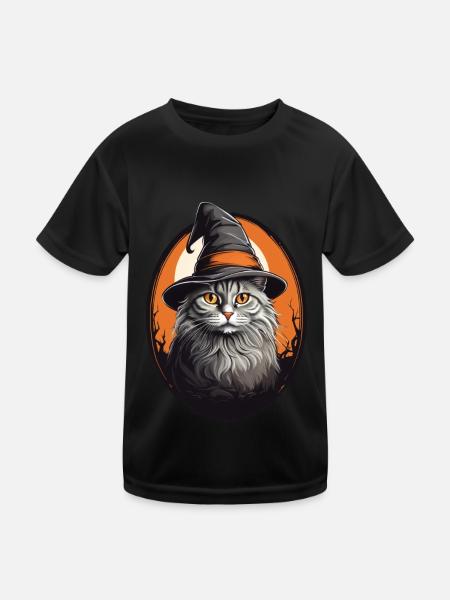Halloween Katze - Kinder Funktions-T-Shirt - Schwarz