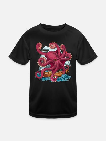 Kraken Meerestier Schiff Tier Geschenk Oktopus - Kinder Funktions-T-Shirt - Schwarz - Vorne