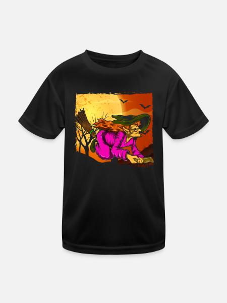 Witch's Broom Halloween Gift Full Moon Witch - Kids Functional T-Shirt - black - Front