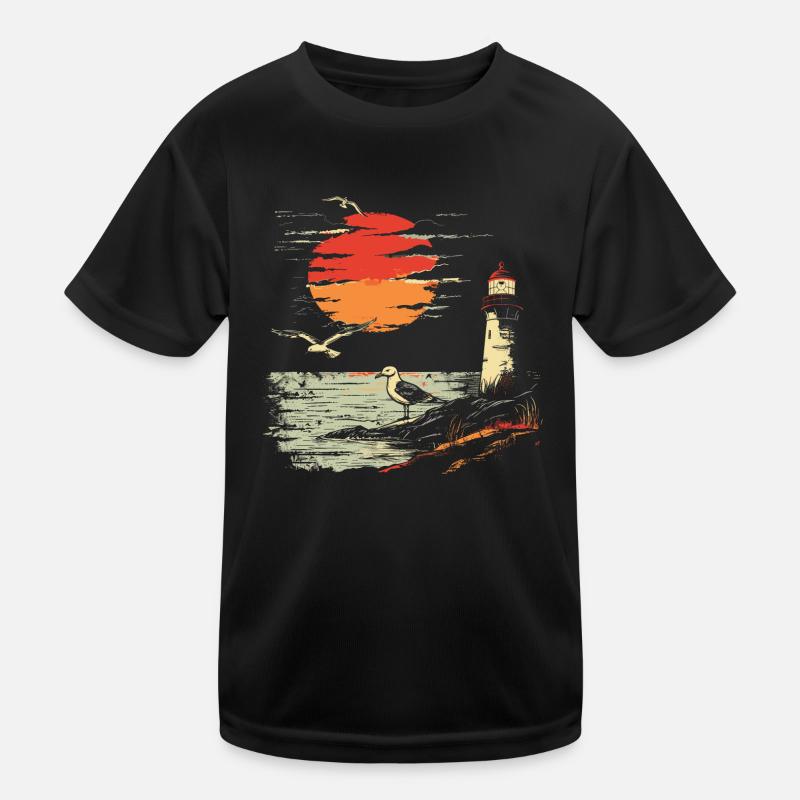 Seagull Seabird Lighthouse Sunset Kids Functional T-Shirt