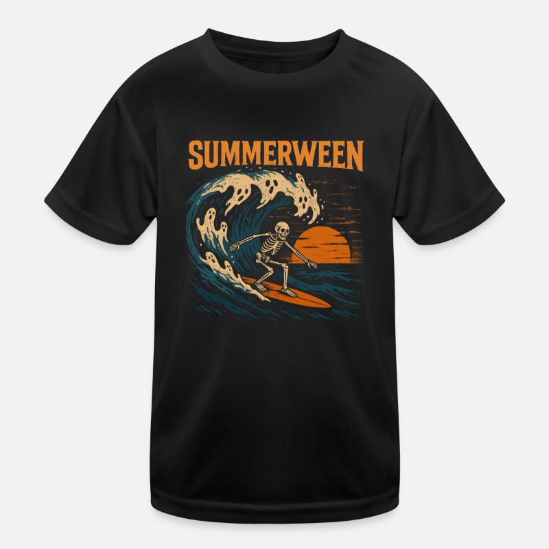 Summerween Surfing Skeleton - Halloween Design Kids Functional T-Shirt