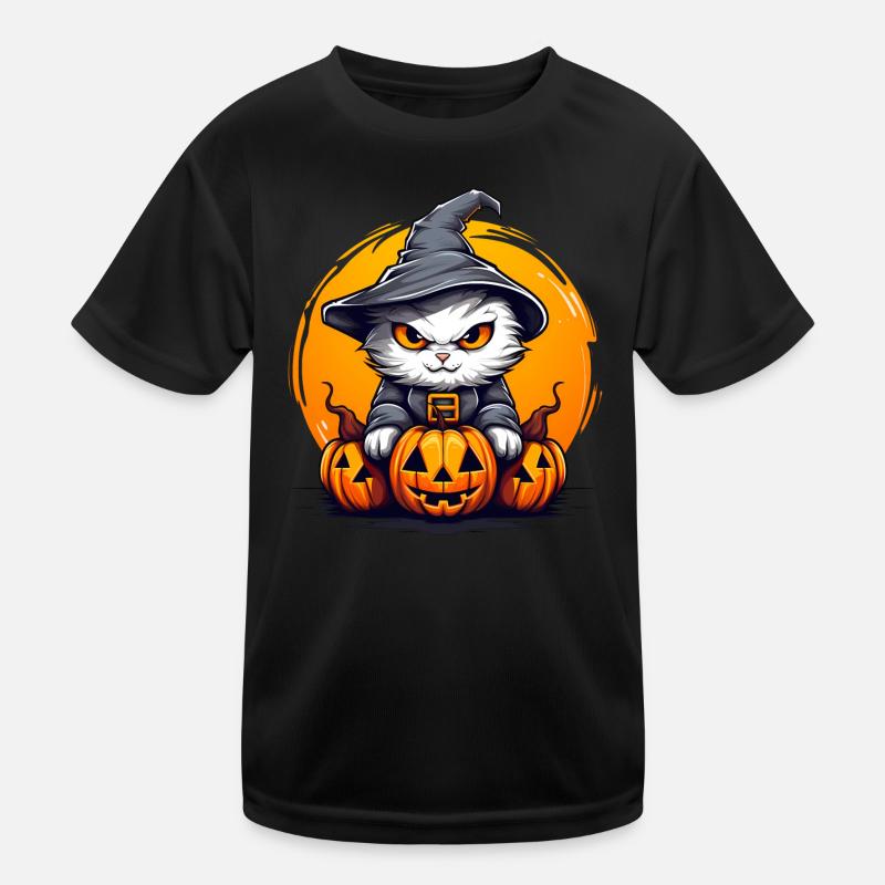 Chat sorcière avec trois citrouilles T-shirt sport Enfant