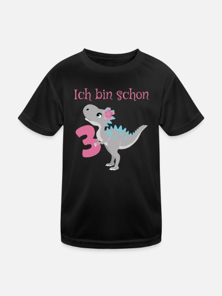 Dinosaurier Mädchen mit Blume 3. Geburtstag T-Rex - Kinder Funktions-T-Shirt - Schwarz - Vorne