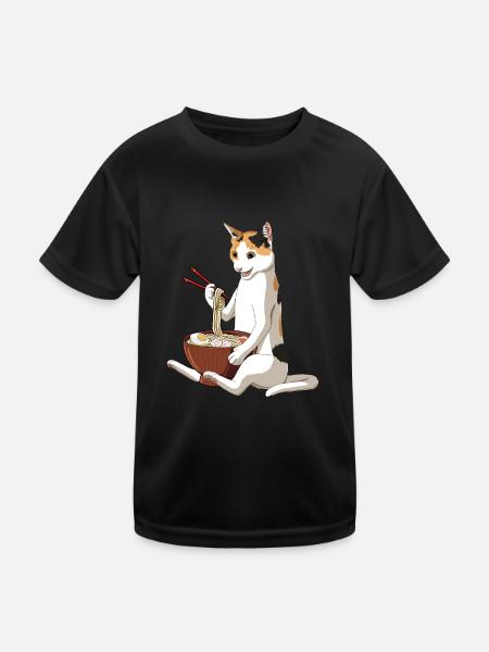 Calico Cat eats Japanese Ramen Noodles - Kids Functional T-Shirt - black