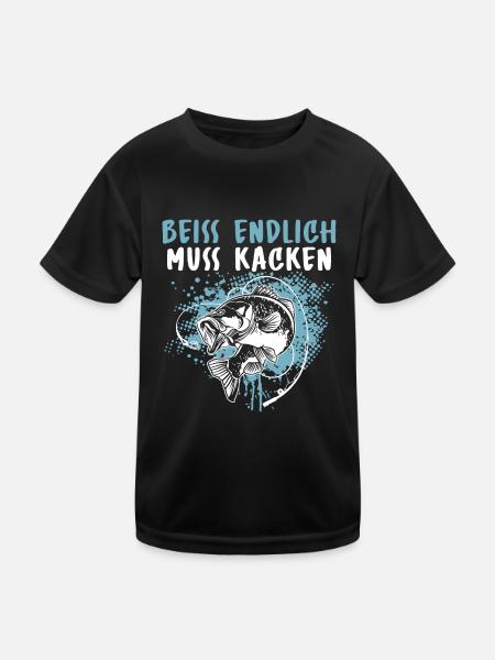 Lustiges Angler Fischer Beiss endlich muss kacken - Kinder Funktions-T-Shirt - Schwarz - Vorne