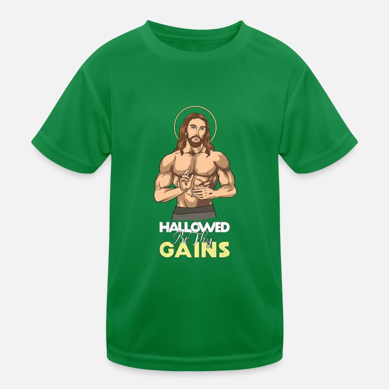 Hallowed Be Thy Gains Jesus Weight Lifting Workout Kids Functional T-Shirt