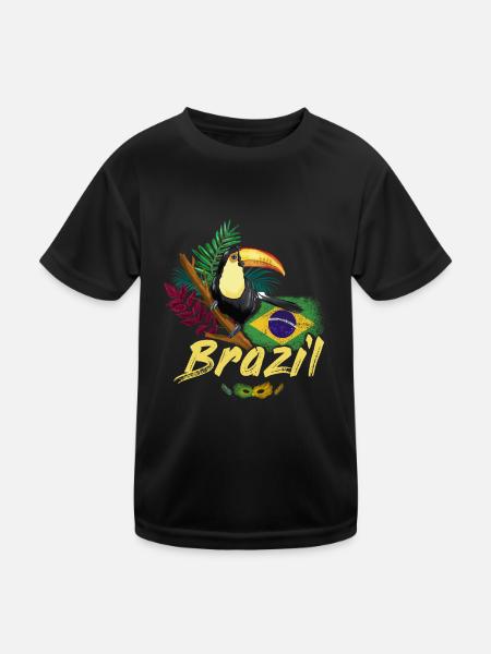 Brasilien Vintage Tukan mit Flagge und Samba Maske - Kinder Funktions-T-Shirt - Schwarz - Vorne
