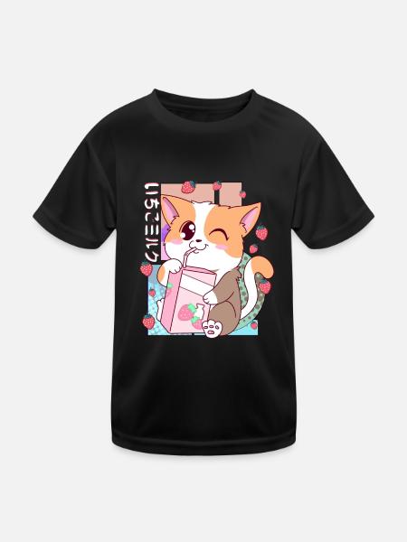 Süße japanische Kawaii Katze Erdbeermilch Shake Nek - Kinder Funktions-T-Shirt - Schwarz - Vorne