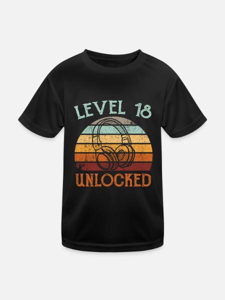 18.Geburtstag Gaming Video Gamer Level 18 Unlocked - Kinder Funktions-T-Shirt - Schwarz - Vorne