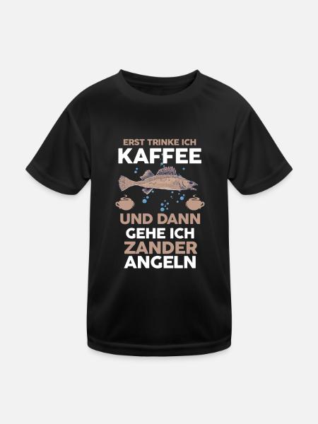 Angeln Kaffee Zander Angler - Kinder Funktions-T-Shirt - Schwarz - Vorne