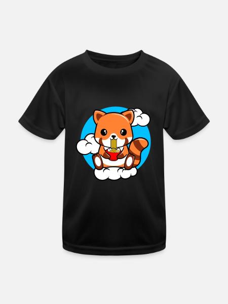 Red Panda Sitting On A Cloud And Eating Ramen - Kids Functional T-Shirt - black - Front