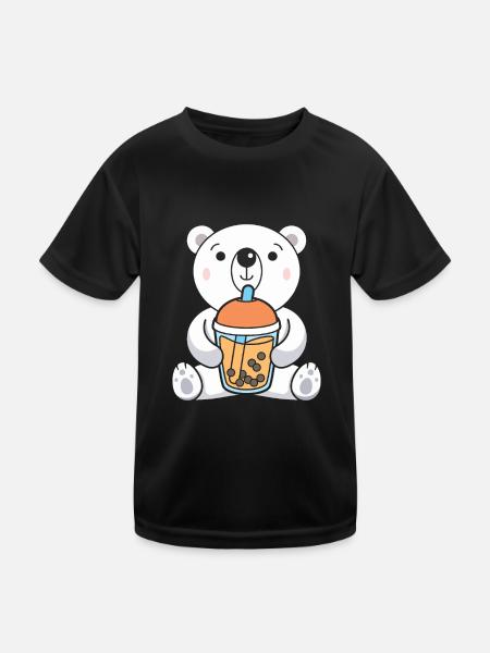 Bubble Milk Tea Polar Bear Drinking Boba Tea - Kids Functional T-Shirt - black - Front