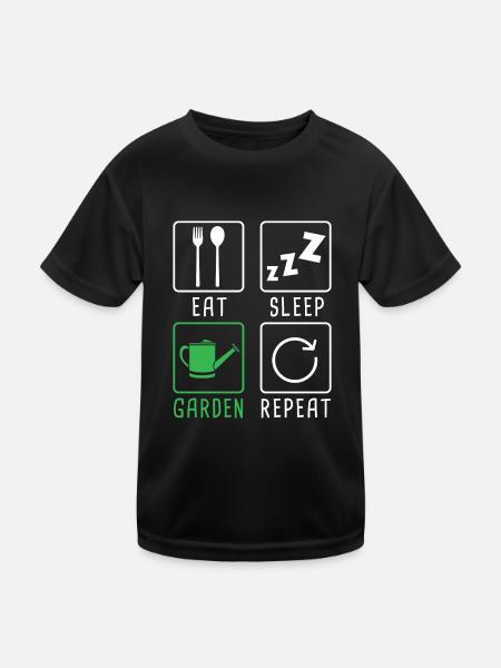 Eat Sleep Garden Repeat - Gardening Botanical - Kinder Funktions-T-Shirt - Schwarz - Vorne