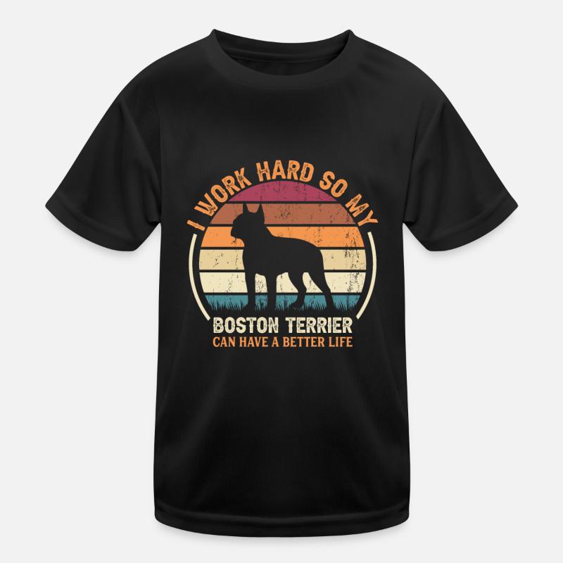Work Hard - Retro Boston Terrier Kids Functional T-Shirt
