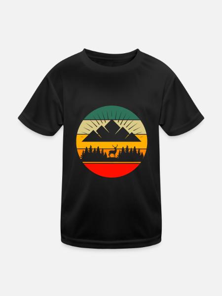 Montagnes Randonnée Forêt Arbres Rétro Cerf Nature - T-shirt sport Enfant - noir - Devant