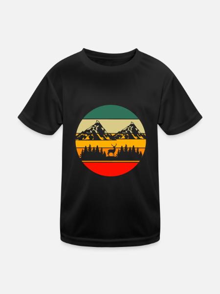 Retro Wald Tier Hirsch Natur Gebirge Wandern - Kinder Funktions-T-Shirt - Schwarz - Vorne
