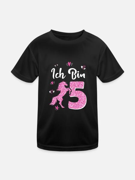 Geburtstag Mädchen 5 Jahre Pferd Prinzessin - Kinder Funktions-T-Shirt - Schwarz - Vorne