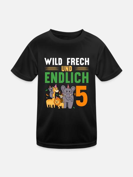 Wild Frech und Endlich 5 Jahre, 5. Geburtstag - Kinder Funktions-T-Shirt - Schwarz - Vorne