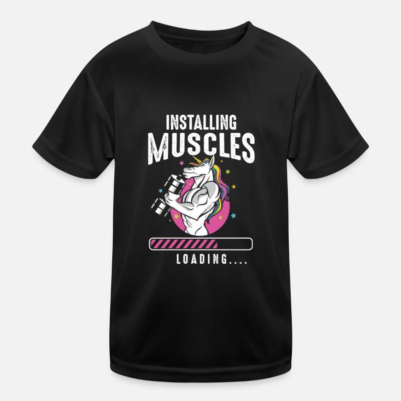 Installing Muscles Loading Workout Gym Unicorn Kids Functional T-Shirt