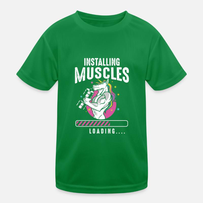 Installing Muscles Loading Workout Gym Unicorn Kids Functional T-Shirt