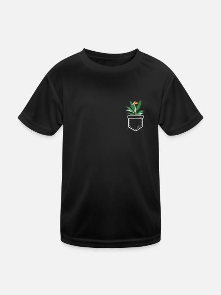 Pflanze in der Tasche Strelizie in Brusttasche - Kinder Funktions-T-Shirt - Schwarz - Vorne