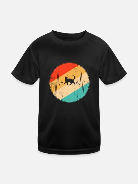 Katze Retro Herzschlag - Kinder Funktions-T-Shirt - Schwarz - Vorne