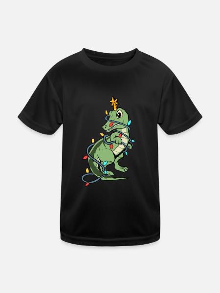 Cute T-Rex dinosaur as a Christmas tree - Kids Functional T-Shirt - black - Front