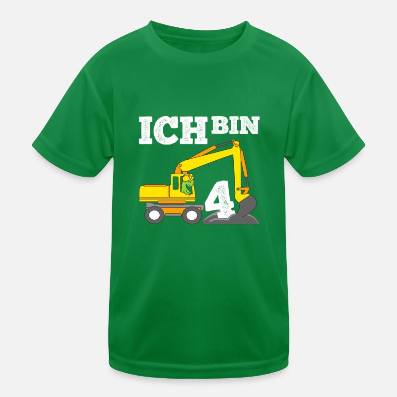 4 Jahre Jungen Geburtstagsgeschenk Dino & Bagger Kinder Funktions-T-Shirt