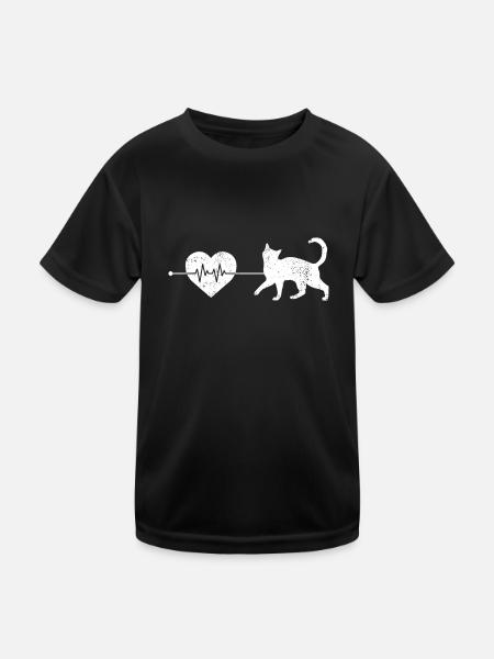 Katze Herzschlag - Kinder Funktions-T-Shirt - Schwarz - Vorne