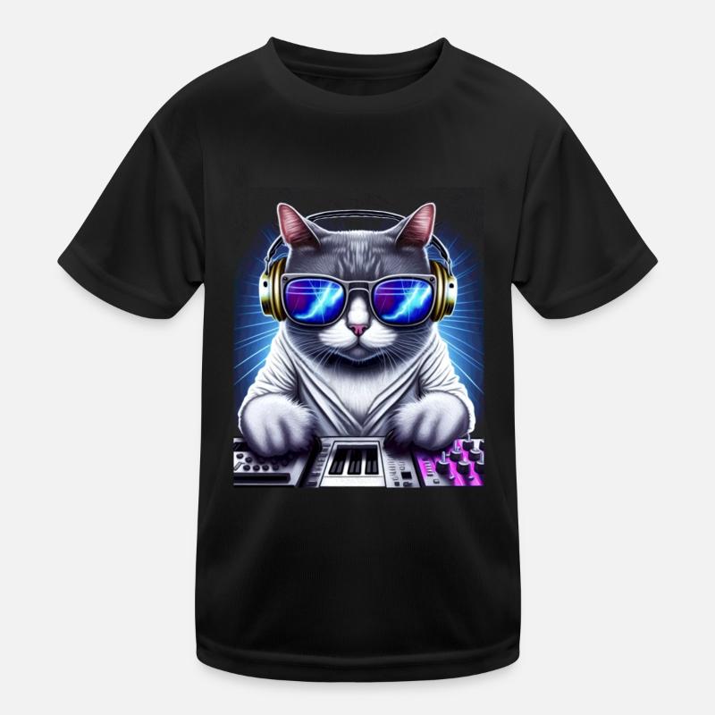 Cat DJ avec écouteurs et lunettes sur synthétiseur T-shirt sport Enfant