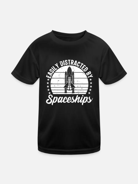 Rocket Ship Space Ship - Easily Distracted By Spac - Kinder Funktions-T-Shirt - Schwarz - Vorne