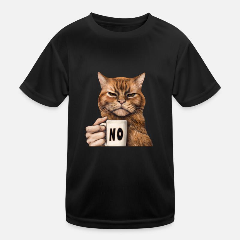 Grumpy funny cat with coffee cup says no Kids Functional T-Shirt