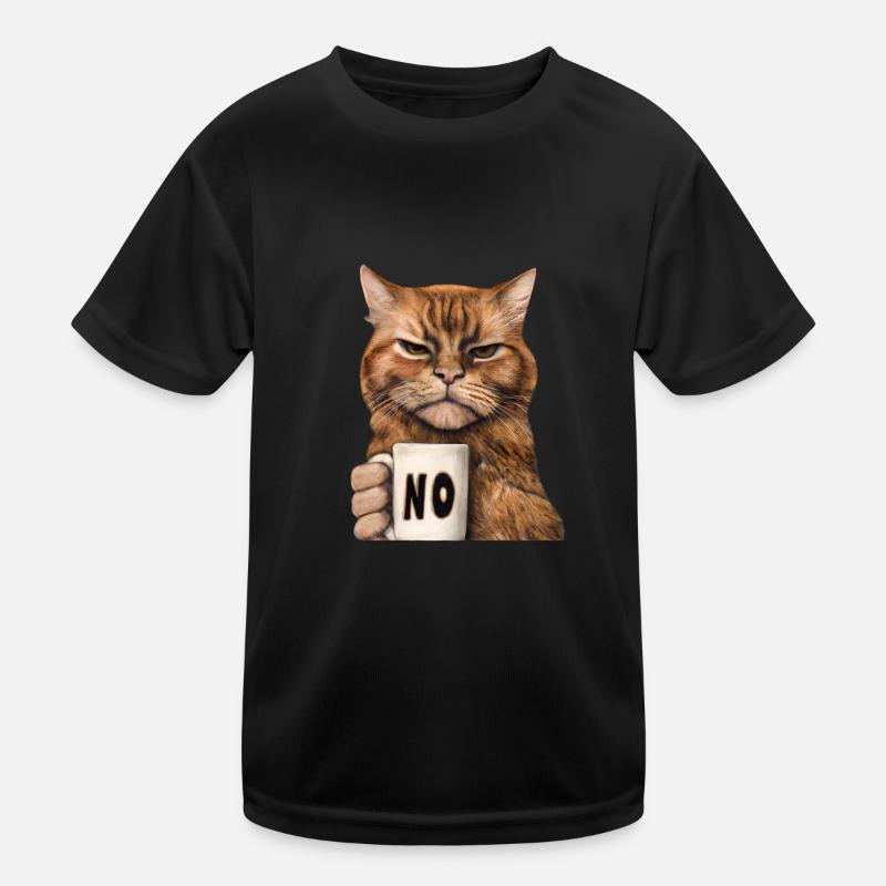 Grumpy funny cat with coffee cup says no Kids Functional T-Shirt