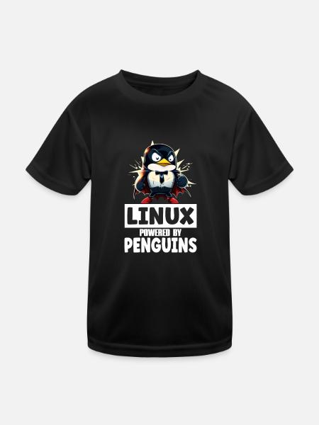 Linux Tux Penguin Powered by Sudo Superhero - Kinder Funktions-T-Shirt - Schwarz - Vorne