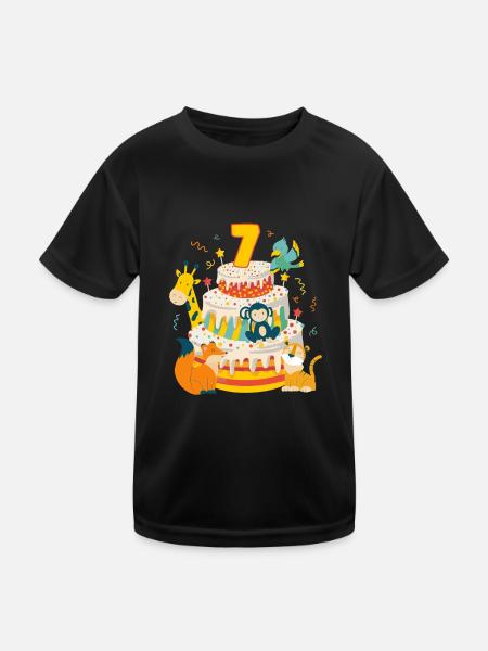 7th Birthday Cake Animals Party Gift 7 Years Old - Kinder Funktions-T-Shirt - Schwarz - Vorne