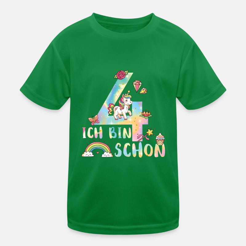 Ich bin schon 4 Einhorn Geburtstag Regenbogen Kinder Funktions-T-Shirt