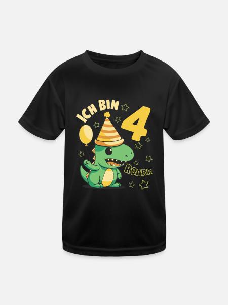 Geburtstagsshirt 4 Jahre Dino Roar ich bin 4 Junge - Kinder Funktions-T-Shirt - Schwarz - Vorne