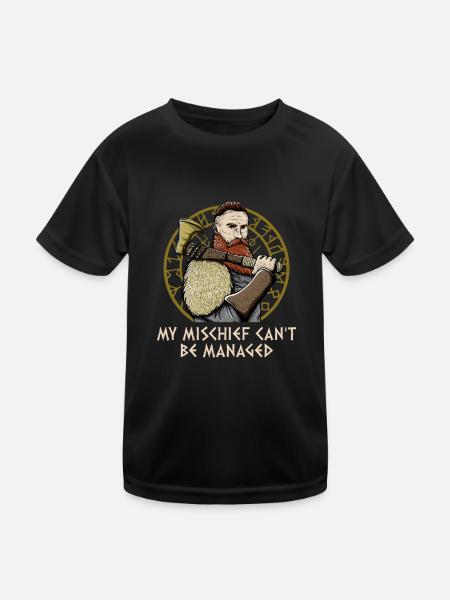 My Mischief Cant Be Managed Mythology Funny Norse - Kinder Funktions-T-Shirt - Schwarz - Vorne