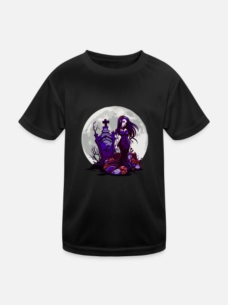 Goth Pin Up Girl standing next to a grave - Gothic - Kids Functional T-Shirt - black - Front